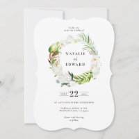 Delicate tropical floral wreath wedding invitation