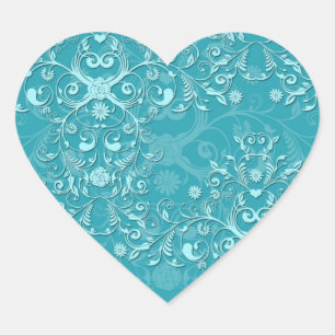 Delicate Two Tone Fancy Floral Teal Damask Heart Sticker