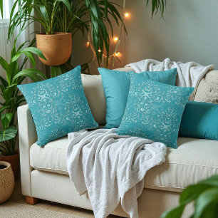 Delicate Two Tone Fancy Floral Teal Damask Throw Pillow