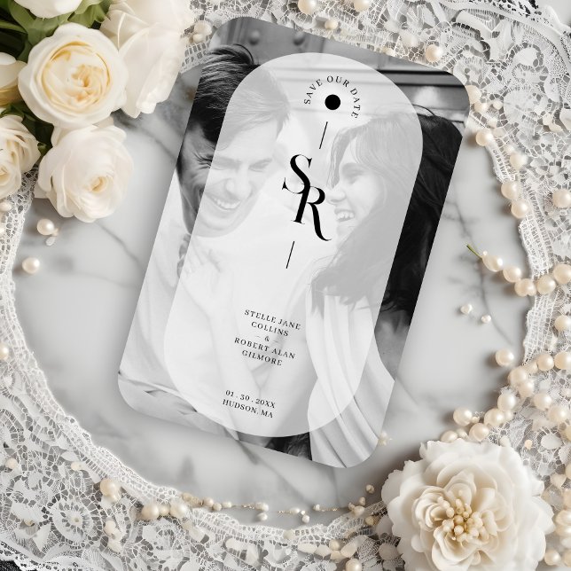 Delicate Vellum Transparency Black White Initials  Magnet (Delicate Vellum Transparency Elegant Black & White Wedding Initials Photo Save the Date Magnet.)