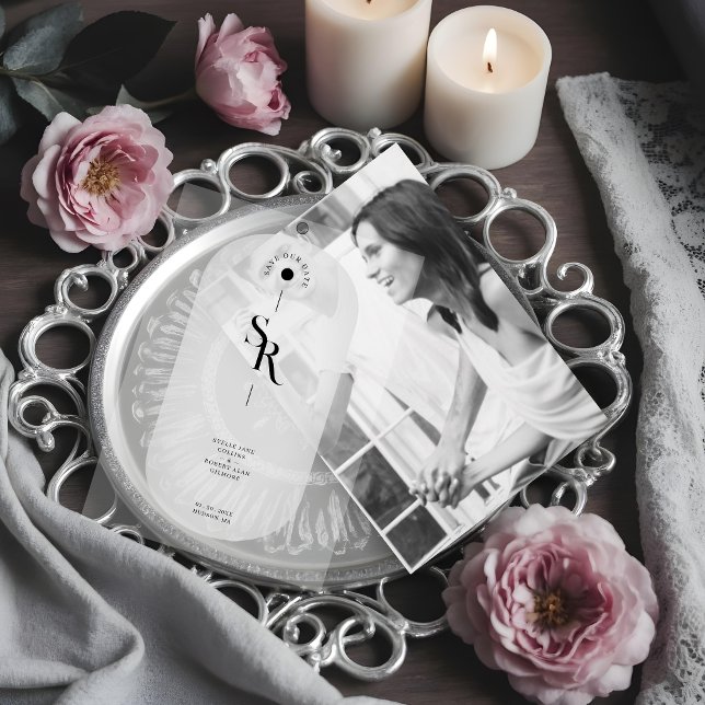 Delicate Vellum Transparency Elegant Black & White Vellum Invitations (Delicate Vellum Overlay Paper Transparency Elegant Black & White Initials for Wedding Save the Date )