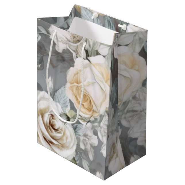Delicate Vintage Creamy White Roses Medium Gift Bag (Front Angled)