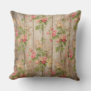 Delicate Vintage Pink and White Floral on Wood Throw Pillow