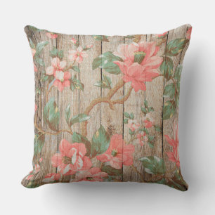Delicate Vintage Pink Floral Green Leaves on Wood Throw Pillow
