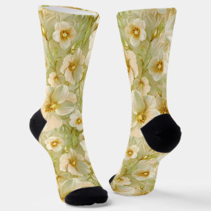 Delicate Warm Green Flowers Socks
