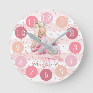 Delicate Watercolor Ballerina and Unicorn Monogram Round Clock