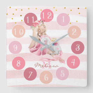 Delicate Watercolor Ballerina and Unicorn Monogram Square Wall Clock