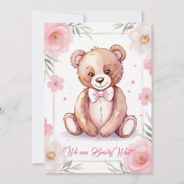 Delicate watercolor bear with a bow in roses invitation (Front)