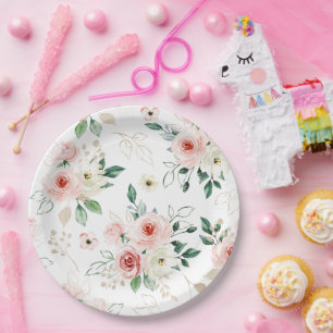 Delicate Watercolor Blush and White Floral Pattern Paper Plate