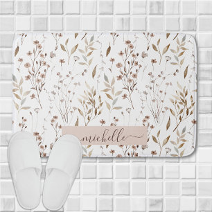 Delicate Watercolor Brown Flowers Leaves Pattern Bath Mat