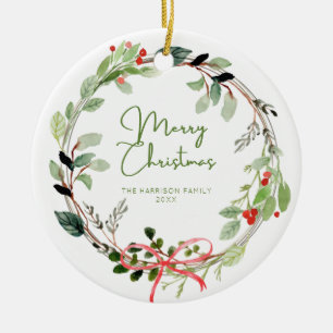 Delicate Watercolor Christmas Wreath Ceramic Ornament