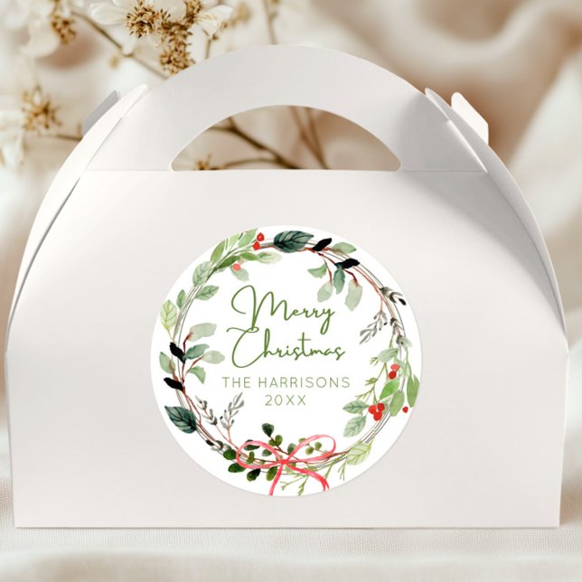 Delicate Watercolor Christmas Wreath Classic Round Sticker (Creator Uploaded)