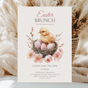 Delicate Watercolor Easter Nest Egg & Chick Brunch Invitation