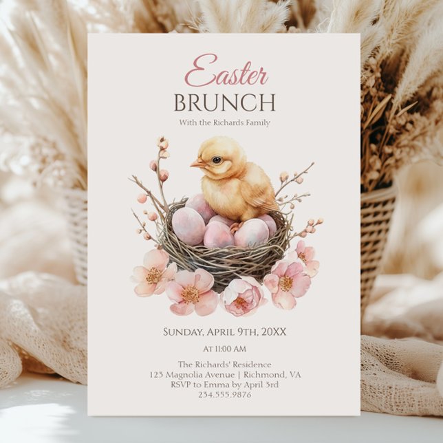 Delicate Watercolor Easter Nest Egg & Chick Brunch Invitation (Creator Uploaded)