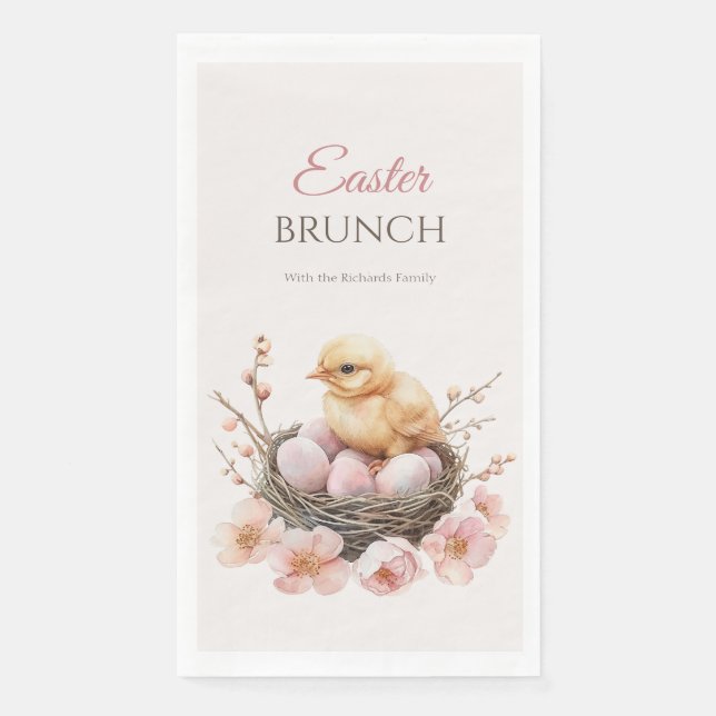 Delicate Watercolor Easter Nest Egg & Chick Brunch Napkin (Front)