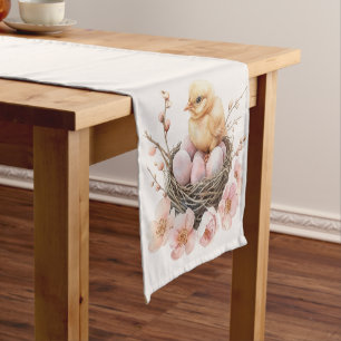 Delicate Watercolor Easter Nest Egg & Chick Brunch Short Table Runner