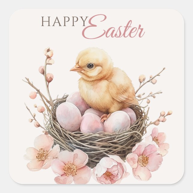 Delicate Watercolor Easter Nest Egg & Chick Brunch Square Sticker (Front)