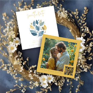 Delicate Watercolor Effect Leaves Navy Blue & Gold Save The Date