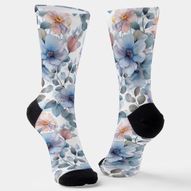 Delicate watercolor floral pattern in pastel colou socks (Angled)