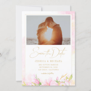Delicate Watercolor Floral Weddng Monogram Photo Save The Date