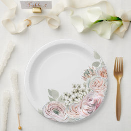Delicate watercolor flowers in pale pink Birthday  Paper Plate
