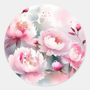Delicate Watercolor Flowers in Soft Pink Classic Round Sticker