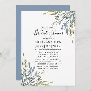 Delicate Watercolor Greenery Dusty Blue Shower Invitation