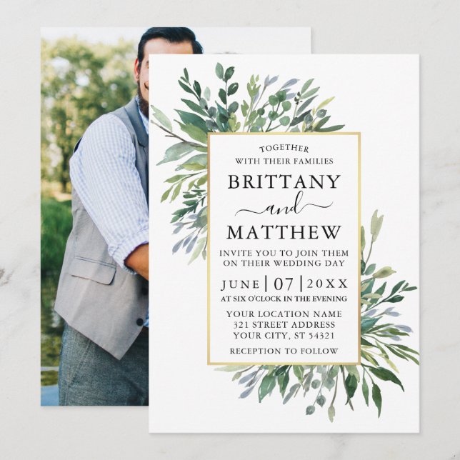 Delicate Watercolor Greenery Photo Gold Wedding Invitation (Front/Back)