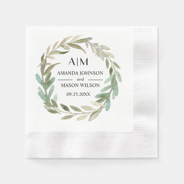 Delicate Watercolor Greenery Wedding Party Paper Napkin (Front)