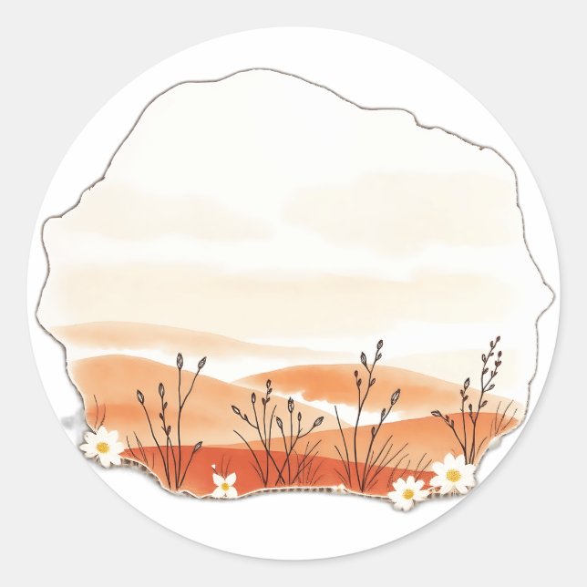 Delicate Watercolor Landscape with Botanicals Classic Round Sticker (Front)