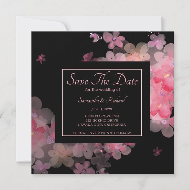 Delicate Watercolor Pink Floral Save The Date (Front)