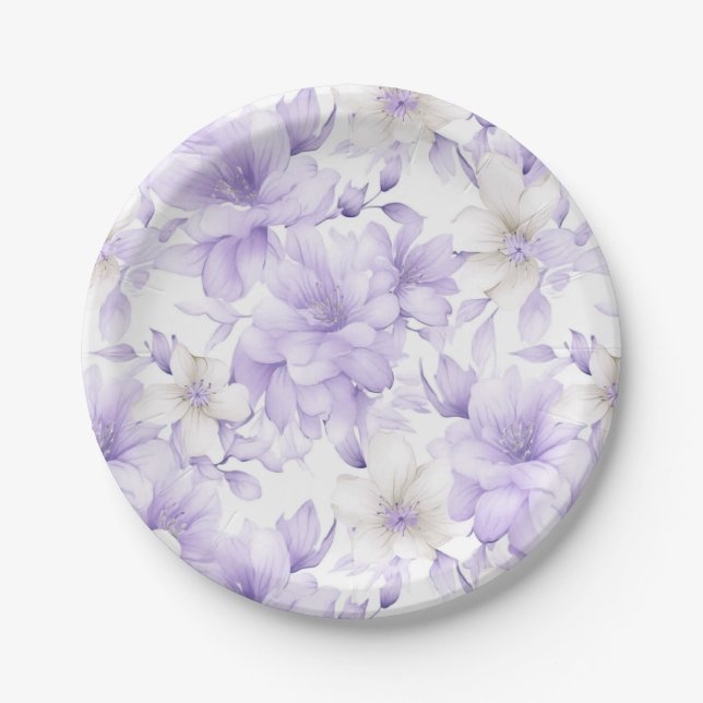 Delicate Watercolor Purple Flowers  Paper Plate (Front)
