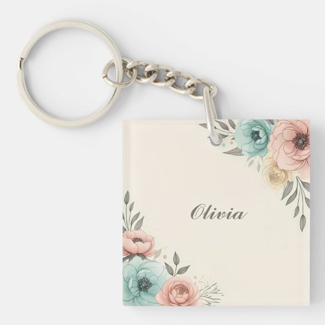 Delicate Watercolor Sketchy Flowers  Keychain (Front)