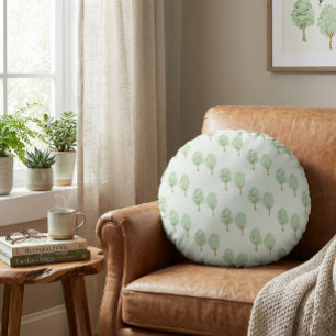 Delicate Watercolor Trees Pattern Light Green Round Pillow