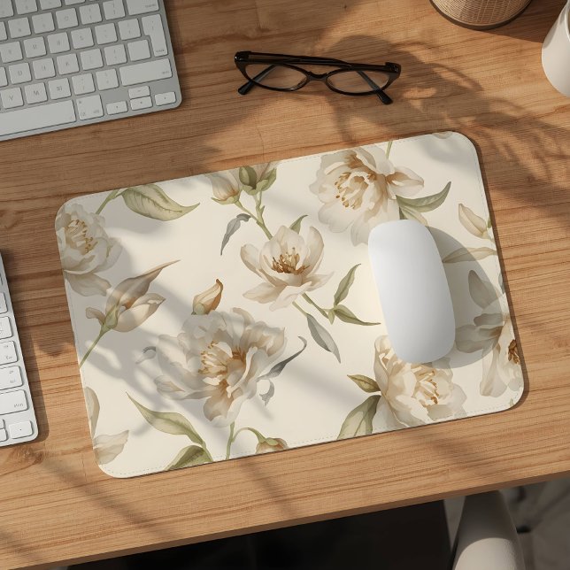 Delicate Watercolor White Floral Pattern Mouse Pad (Creator Uploaded)
