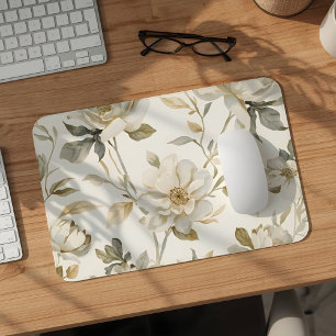 Delicate Watercolor White Floral Pattern Mouse Pad