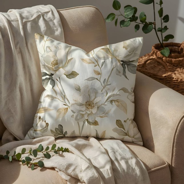 Delicate Watercolor White Floral Pattern Throw Pillow (Creator Uploaded)