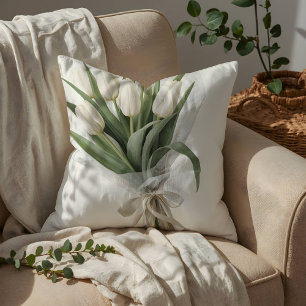 Delicate Watercolor White Tulip Bouquet Throw Pillow