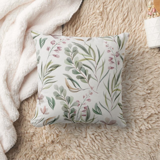 Delicate Watercolor Wildflowers Floral Pink Green Throw Pillow (Blanket)