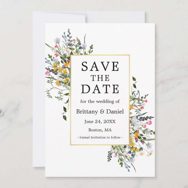 Delicate Watercolor Wildflowers Gold Frame Save The Date (Front)