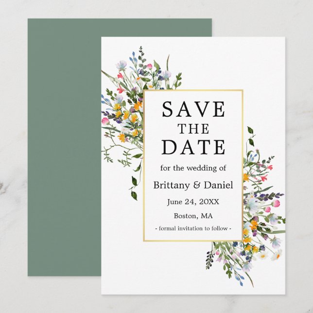Delicate Watercolor Wildflowers Gold Sage Green Save The Date (Front/Back)