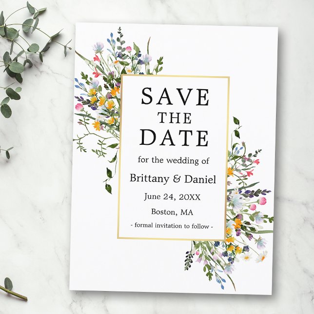 Delicate Watercolor Wildflowers Gold Save The Date Postcard (Customize to change text size, color or text style.)