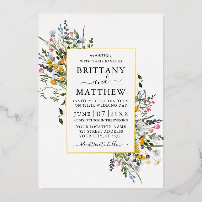Delicate Watercolor Wildflowers Wedding Gold (Front)