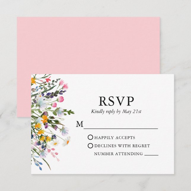 Delicate Watercolor Wildflowers Wedding Pink Blush RSVP Card (Front/Back)