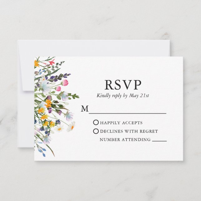 Delicate Watercolor Wildflowers Wedding RSVP Card (Front)