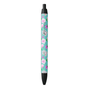 Delicate watercolors of wild flowers in turquoise black ink pen