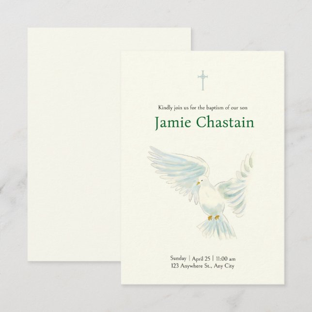 Delicate Watercolour Dove Baptism I Invitation (Front/Back)