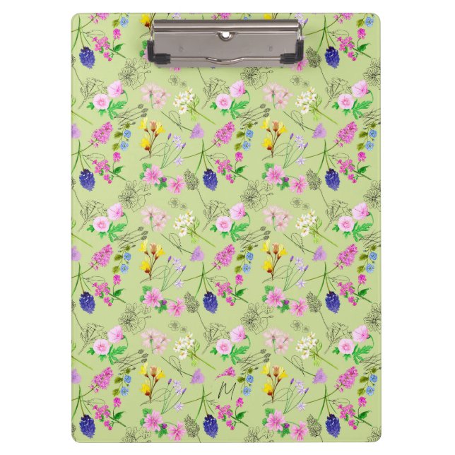 Delicate watercolour wildflowers on green clipboard (Front)