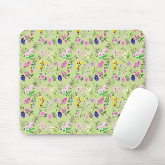 Delicate watercolour wildflowers on green mouse pad (With Mouse)