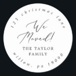 Delicate We Moved Circular Return Address Classic Round Sticker<br><div class="desc">These delicate we moved circular return address stickers are perfect for a modern holiday card or moving announcement envelope. The romantic minimalist design features lovely and elegant black typography on a white background with a clean and simple look.</div>